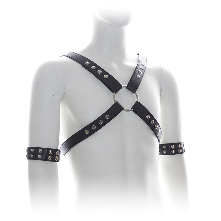 Leather Male studded 4 strap chest Harness & arm straps
