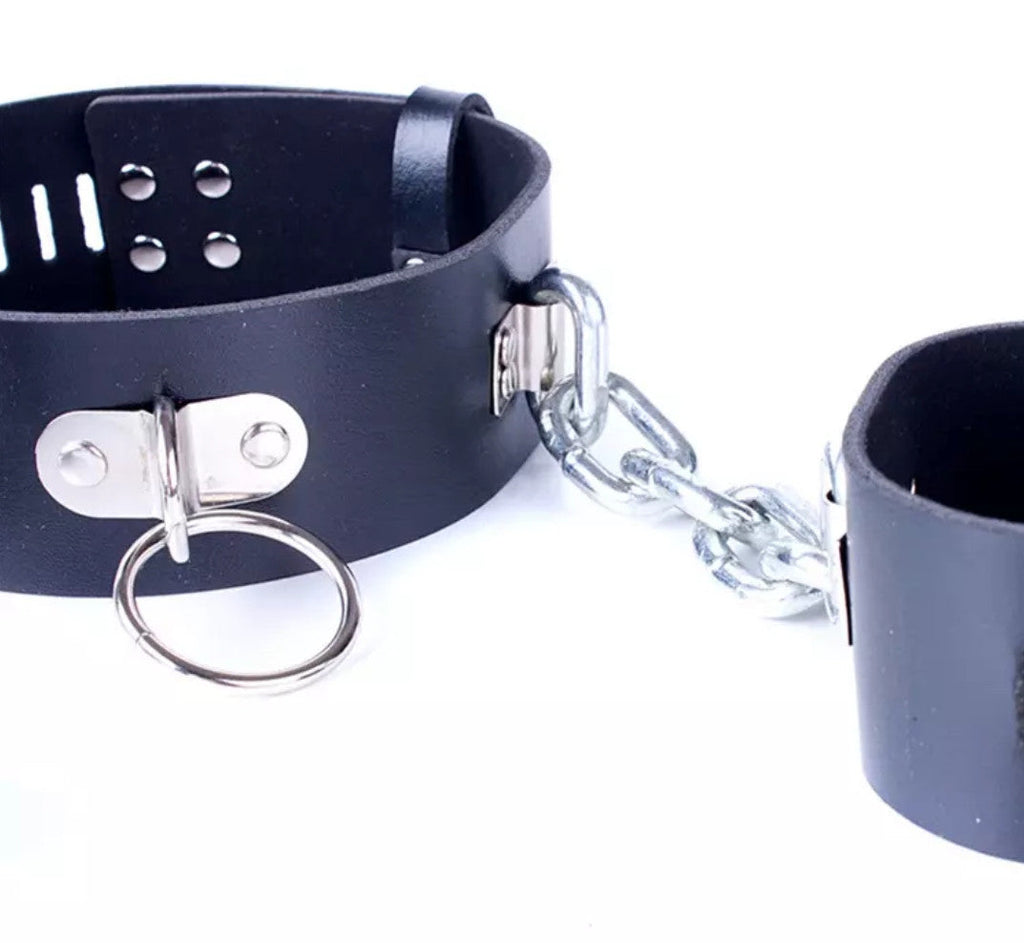 Leather Collar & Handcuffs with Heavy Chain